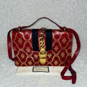 Gucci Sylvie Limited Edition GG Metallic Gold Foil Star Patterned Crossbody Bag